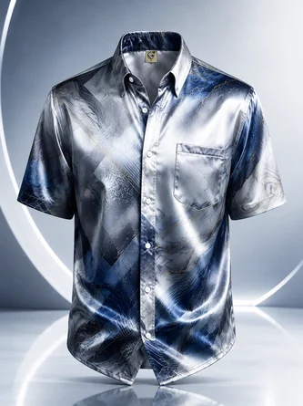 Breathable Silk Satin Abstract Gradient Texture Chest Pocket Hawaiian Shirt