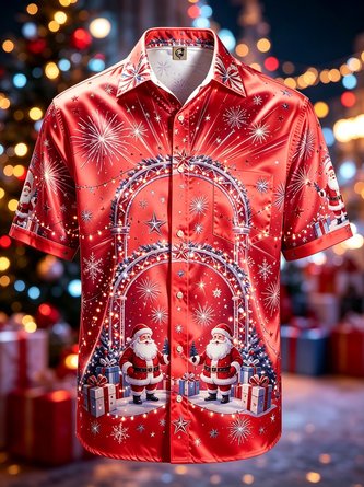 Silk Satin Breathable Gradient Design featuring Santa Claus Snowflakes Gift Boxes Chest Pocket Hawaiian Shirt