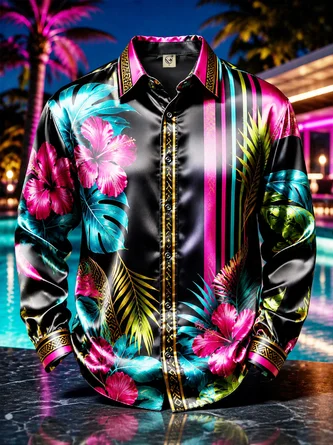 Breathable Silk Satin Tropical Botanical Stripe Print Long Sleeve Casual Shirt