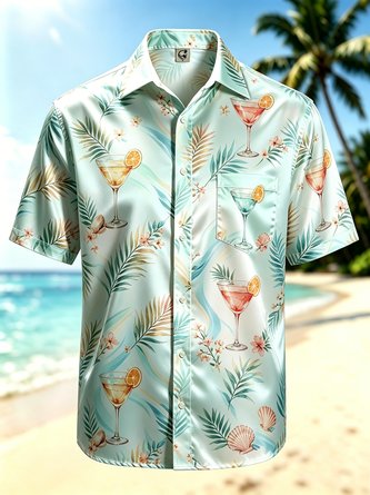 Silk Satin Breathable Gradient Tropical Plant Cocktail Lemon Leaf Print Chest Pocket Hawaiian Shirt