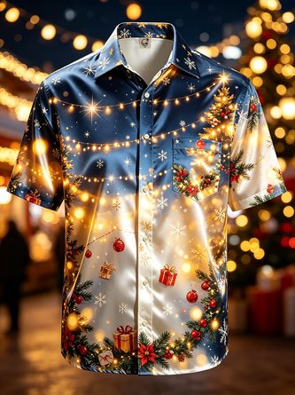 Silk Satin Breathable Gradient Design featuring Christmas Lights Snowflakes Chest Pocket Hawaiian Shirt
