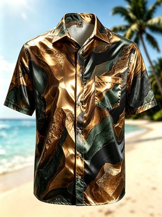 Silk Satin Breathable Gradient 3D Abstract Marble Print Chest Pocket Hawaiian Shirt