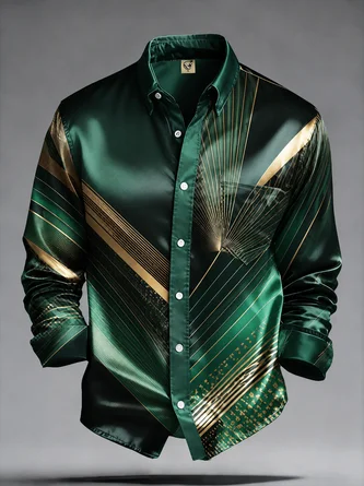 Breathable Silk Satin Geometric Stripes Chest Pocket Casual Long Sleeve Style Shirt