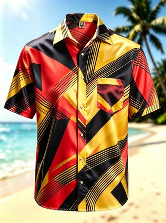 Silk Satin Breathable Gradient 3D Abstract Geometric Block Design Chest Pocket Hawaiian Shirt