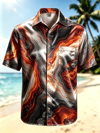 Silk Satin Breathable Gradient 3D Abstract Lava Pattern Chest Pocket Hawaiian Shirt