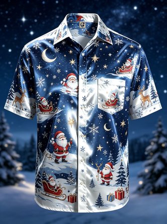 Silk Satin Breathable Gradient Design Santa Claus Christmas Tree Reindeer Snowflake Chest Pocket Hawaiian Shirt