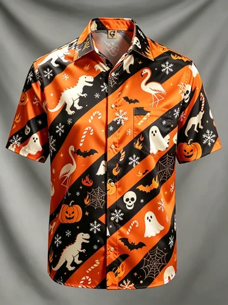 Silk Satin Breathable Gradient Designs Halloween Ghosts Pumpkins Skeletons Flamingos Spiderwebs Dinosaurs Chest Pocket Hawaiian Shirt