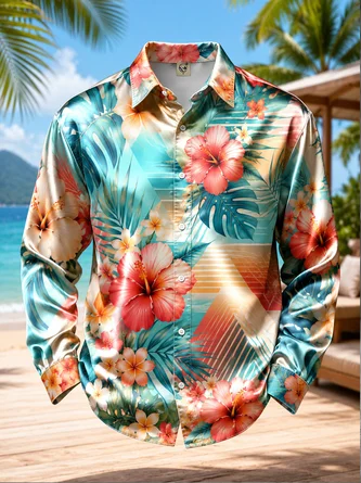 Breathable Silk Satin Tropical Botanical Stripe Print Long Sleeve Casual Shirt