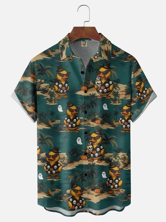 Moisture Wicking Gradient Halloween Rubber Duck Pumpkin Coconut Tree Print Chest Pocket Hawaiian Shirt