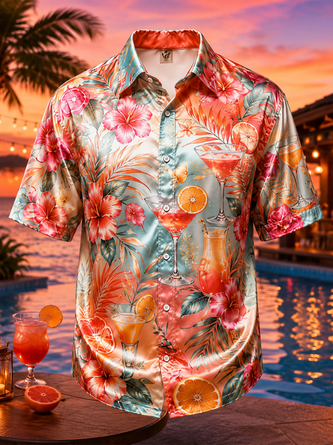 Breathable Silk Satin Tropical Floral & Cocktail Print Hawaiian Shirt