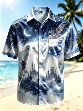 Silk Satin Breathable Gradient Christmas Pterodactyl Castle Snowflake Print Chest Pocket Hawaiian Shirt