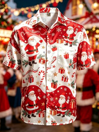 Silk Satin Breathable Gradient Print Featuring Santa Claus Snowflakes Gift Boxes Candy Canes Chest Pocket Hawaiian Shirt