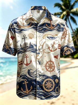 Silk Satin Breathable Gradient Ocean Theme Shells Sailboats Anchors Chest Pocket Hawaiian Shirt