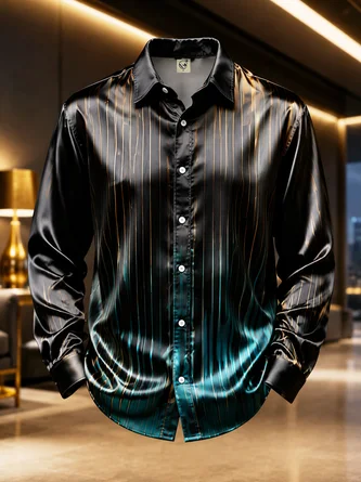 Breathable Silk Satin Geometric Stripe Casual Long Sleeve Shirt