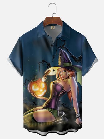 Moisture Wicking Gradient Halloween Witch & Pumpkin Print Chest Pocket Hawaiian Shirt