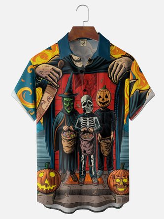 Moisture Wicking Gradient Halloween Skull Pumpkin & Candy Print Chest Pocket Hawaiian Shirt