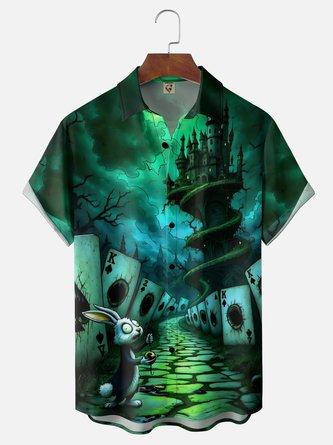 Moisture Wicking Gradient Halloween Castle & Playing Card Rabbit Print Chest Pocket Hawaiian Shirt