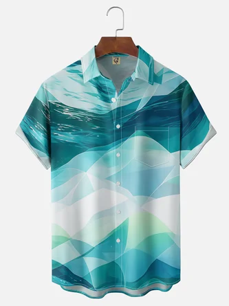 Moisture Wicking Gradient 3D Abstract Geometric Block Chest Pocket Hawaiian Shirt