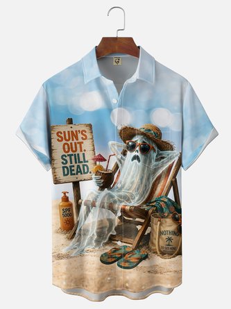 Moisture Wicking Gradient Halloween Ghost Beach Print Chest Pocket Hawaiian Shirt