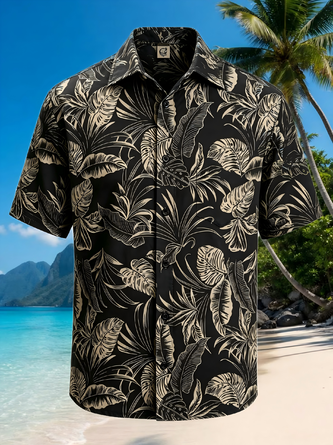 Moisture Wicking Plant Print Chest Pocket Hawaiian Shirt