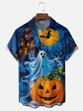 Moisture Wicking Gradient Halloween Print Castle Ghost Pumpkin Chest Pocket Hawaiian Shirt