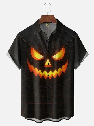 Moisture Wicking Gradient Halloween Pumpkin & Spiderweb Print Chest Pocket Hawaiian Shirt