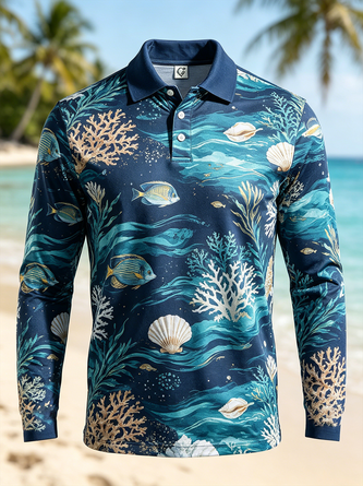 Moisture Wicking Gradient Print Featuring Sea Animals Shells Fish Long Sleeve Hawaiian Golf Polo