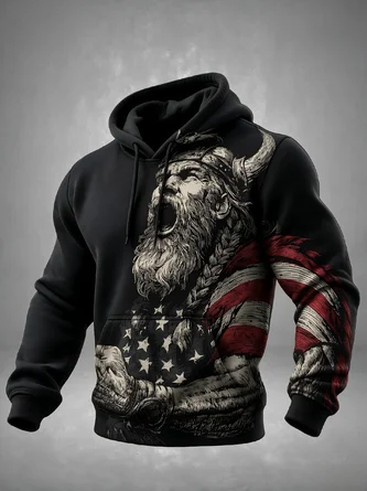 American Flag Viking Warrior Kangaroo Pocket Hoodie Sweatshirt