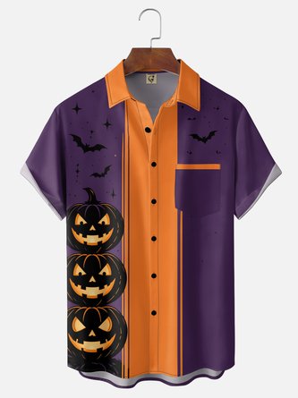 Moisture Wicking Halloween Pumpkin Bat Chest Pocket Hawaiian Shirt