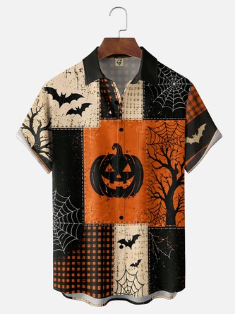 Moisture Wicking Gradient Halloween Print Pumpkin Plaid Spiderweb Bat Chest Pocket Hawaiian Shirt