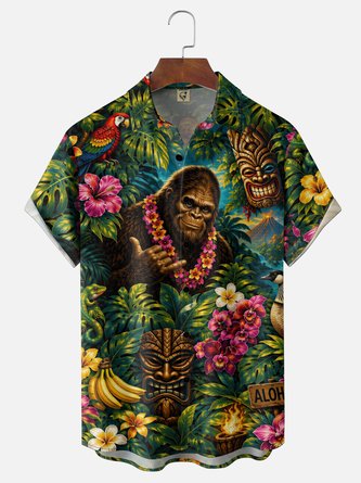 Moisture Wicking Tropical Floral Bigfoot Chest Pocket Hawaiian Shirt