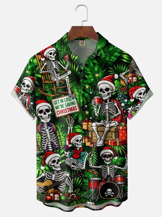 Moisture Wicking Gradient Christmas Hat Skull & Leaf Guitar Print Chest Pocket Hawaiian Shirt