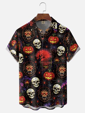 Moisture Wicking Gradient Halloween Themes Bigfoot Skull Pumpkin Spiderweb Chest Pocket Hawaiian Shirt