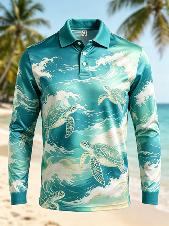 Moisture Wicking Gradient Sea Turtle & Ocean Wave Print Long Sleeve Hawaiian Golf Polo