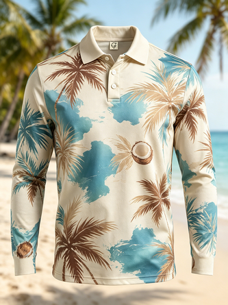 Moisture Wicking Gradient Palm Tree & Block Long Sleeve Hawaiian Golf Polo