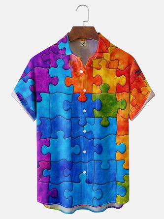 Moisture Wicking Gradient 3D Geometric Puzzle Chest Pocket Hawaiian Shirt