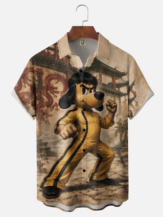 Moisture Wicking Kung Fu Superhero Dog Chest Pocket Hawaiian Shirt