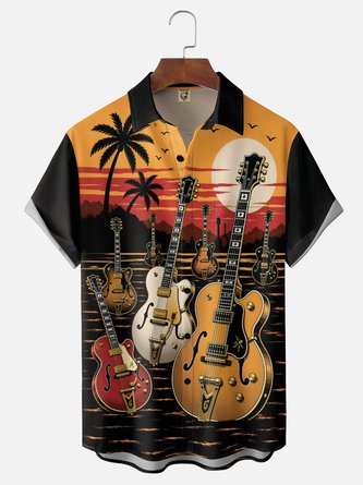 Moisture Wicking Gradient Guitar & Coconut Tree Print Chest Pocket Hawaiian Shirt