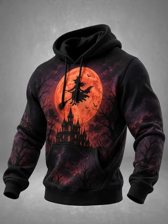 Halloween Moon Witch Broom Kangaroo Pocket Hoodie Sweatshirt