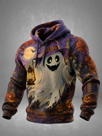 Halloween Ghost Halloween Hat Maple Leaf Kangaroo Pocket Hoodie Sweatshirt