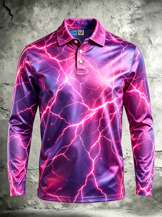 Moisture Wicking Neon 3D Abstract Geometric Lightning Long Sleeve Hawaiian Golf Polo