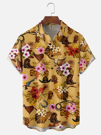 Moisture Wicking Gradient Tropical Plants Leaves Pineapples Western Bull Skulls Chest Pocket Hawaiian Shirt