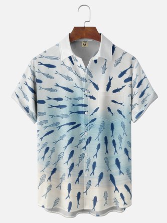 Moisture Wicking Fun Gradient Fish Print Chest Pocket Hawaiian Shirt