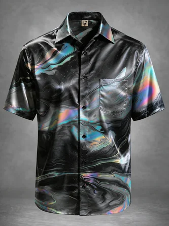 Breathable Silk Satin Art Gradient Fluid Chest Pocket Casual Shirt