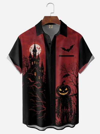 Moisture Wicking Halloween Castle Pumpkin Scarecrow Chest Pocket Hawaiian Shirt
