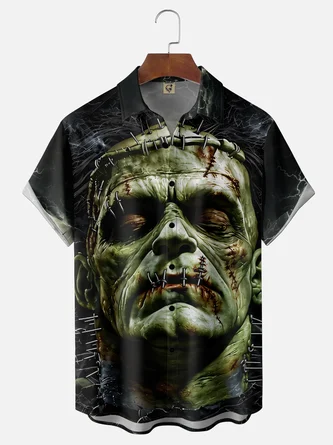 Vacation PMoisture Wicking Ombré Halloween Frankenstein Ghost Face Chest Pocket Hawaiian Shirt