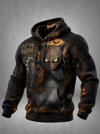 Halloween Raccoon Chainsaw Mask Letter Kangaroo Pocket Hoodie Sweatshirt