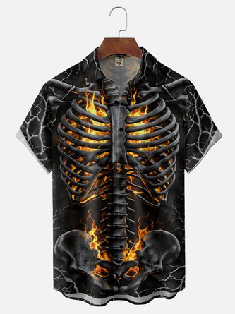 Moisture Wicking Gradient Halloween 3D Skull & Flame Print Chest Pocket Hawaiian Shirt