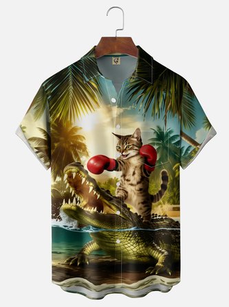 Moisture Wicking Fun Boxing Cat & Crocodile Chest Pocket Hawaiian Shirt
