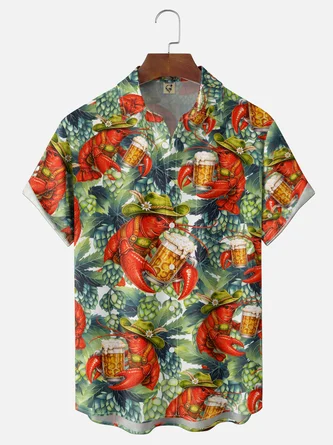 Moisture Wicking Tropical Leaf & Lobster Print Chest Pocket Hawaiian Shirt